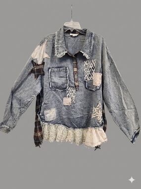 0Oli & Hali Distressed Patchwork Denim Shirt